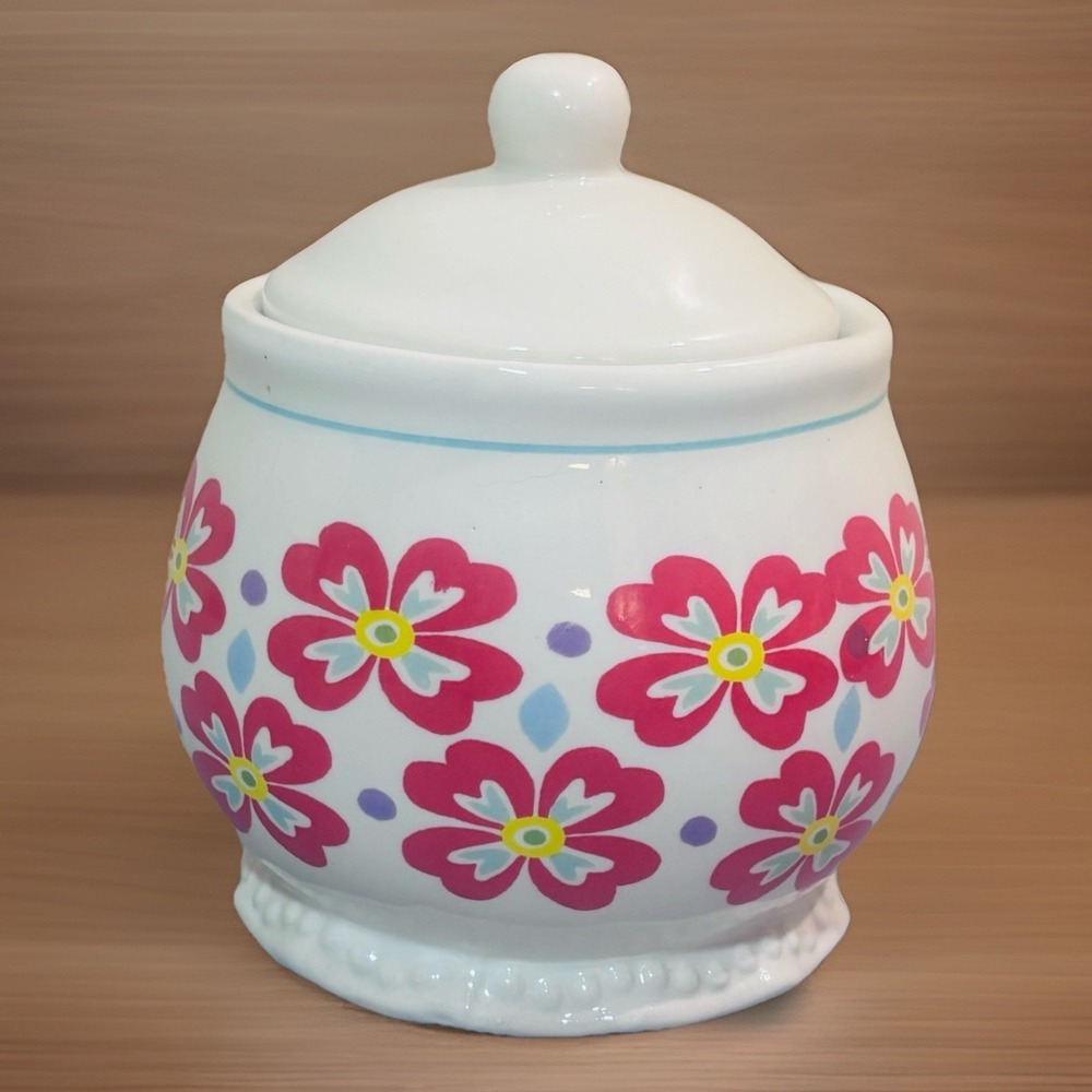 Pioneer Woman Flea Market Sugar Bowl & Lid Red Yellow Floral Kitchen Canister